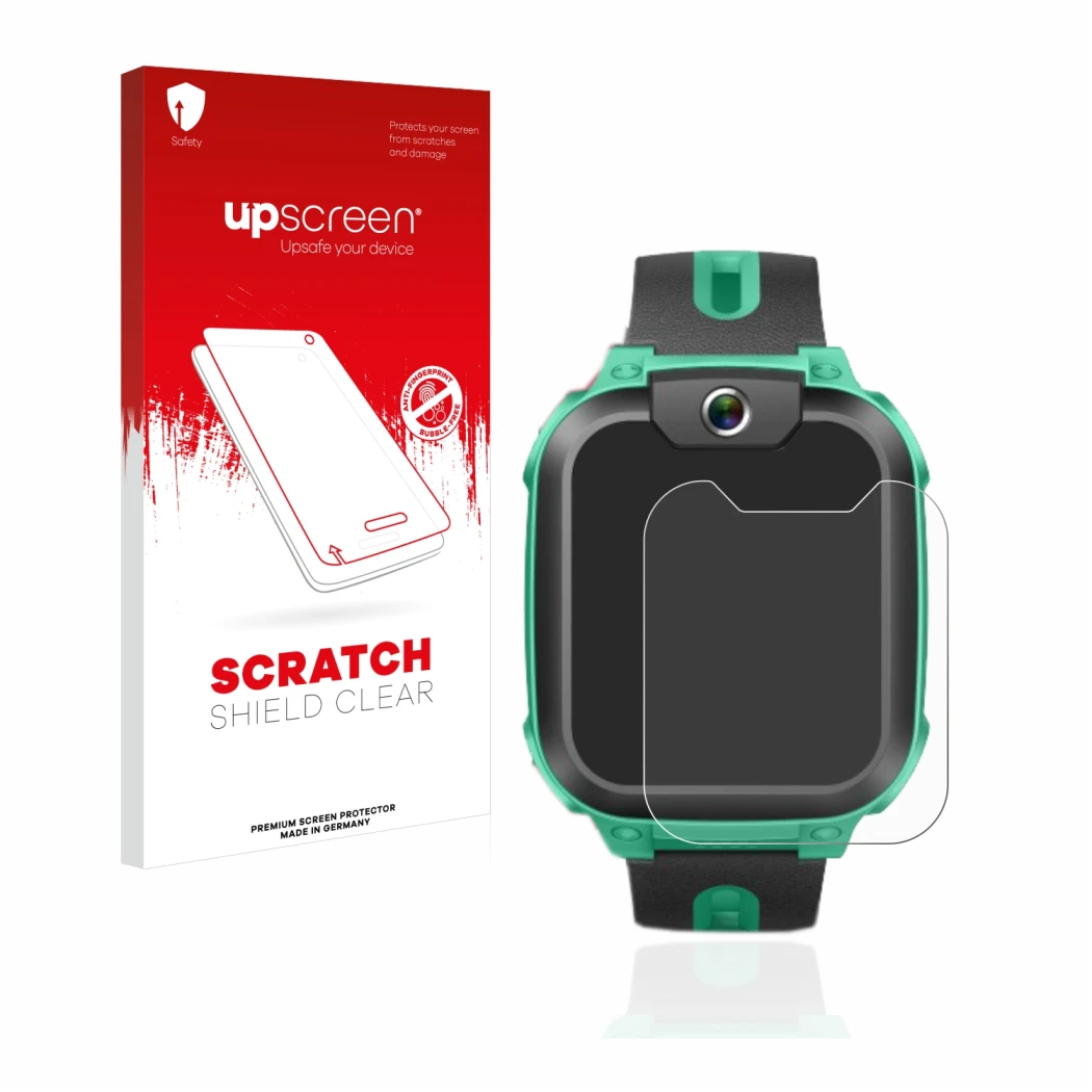Parte frontal de un envase de producto con el logotipo de la marca upscreen. Al lado se muestra el dispositivo Imoo Watch Phon