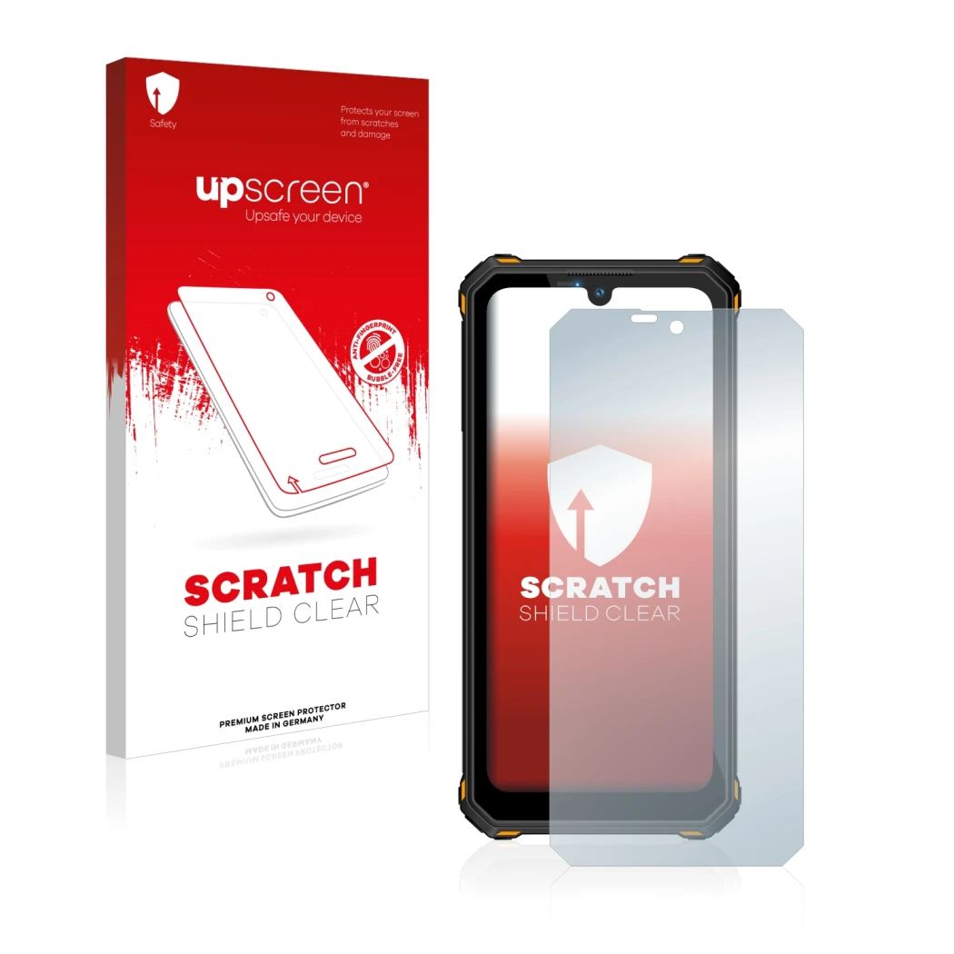 Parte frontal de un envase de producto con el logotipo de la marca upscreen. Al lado se muestra el dispositivo Oukitel WP15 5G