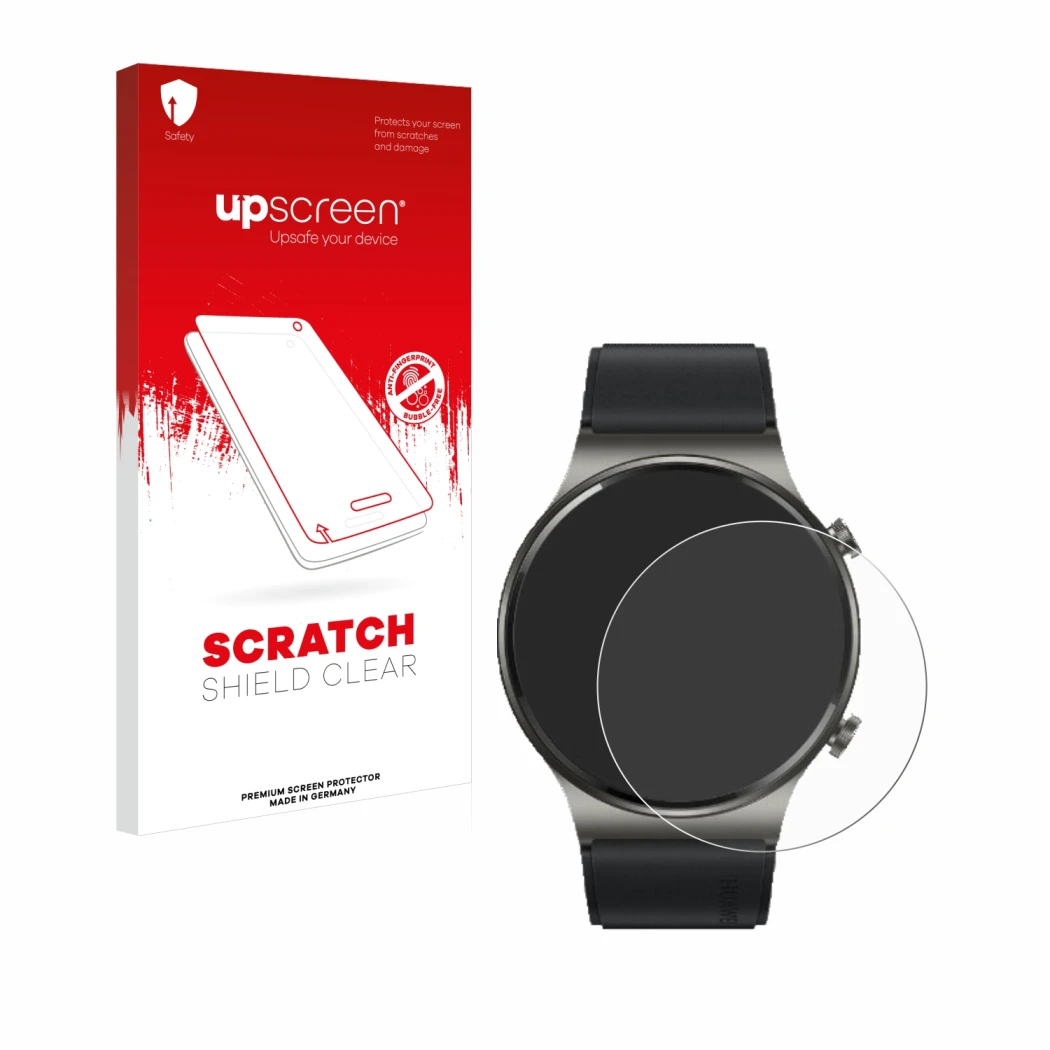 Parte frontal de un envase de producto con el logotipo de la marca upscreen. Al lado se muestra el dispositivo Huawei Watch GT