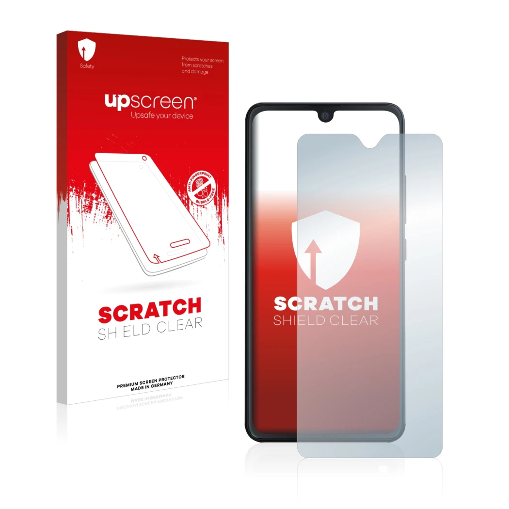 Parte frontal de un envase de producto con el logotipo de la marca upscreen. Al lado se muestra el dispositivo Cubot Note 7 co