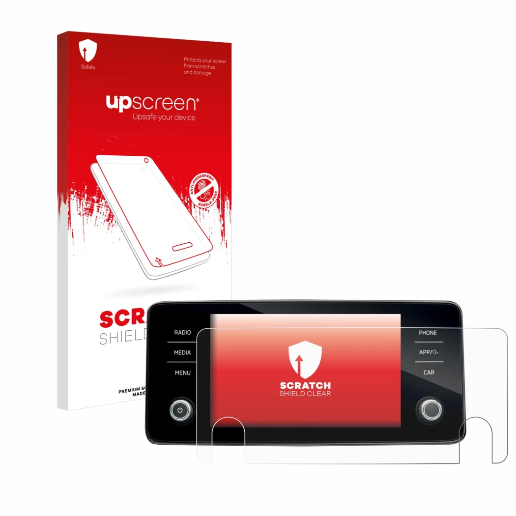 Parte frontal de un envase de producto con el logotipo de la marca upscreen. Al lado se muestra el dispositivo Skoda Bolero 20