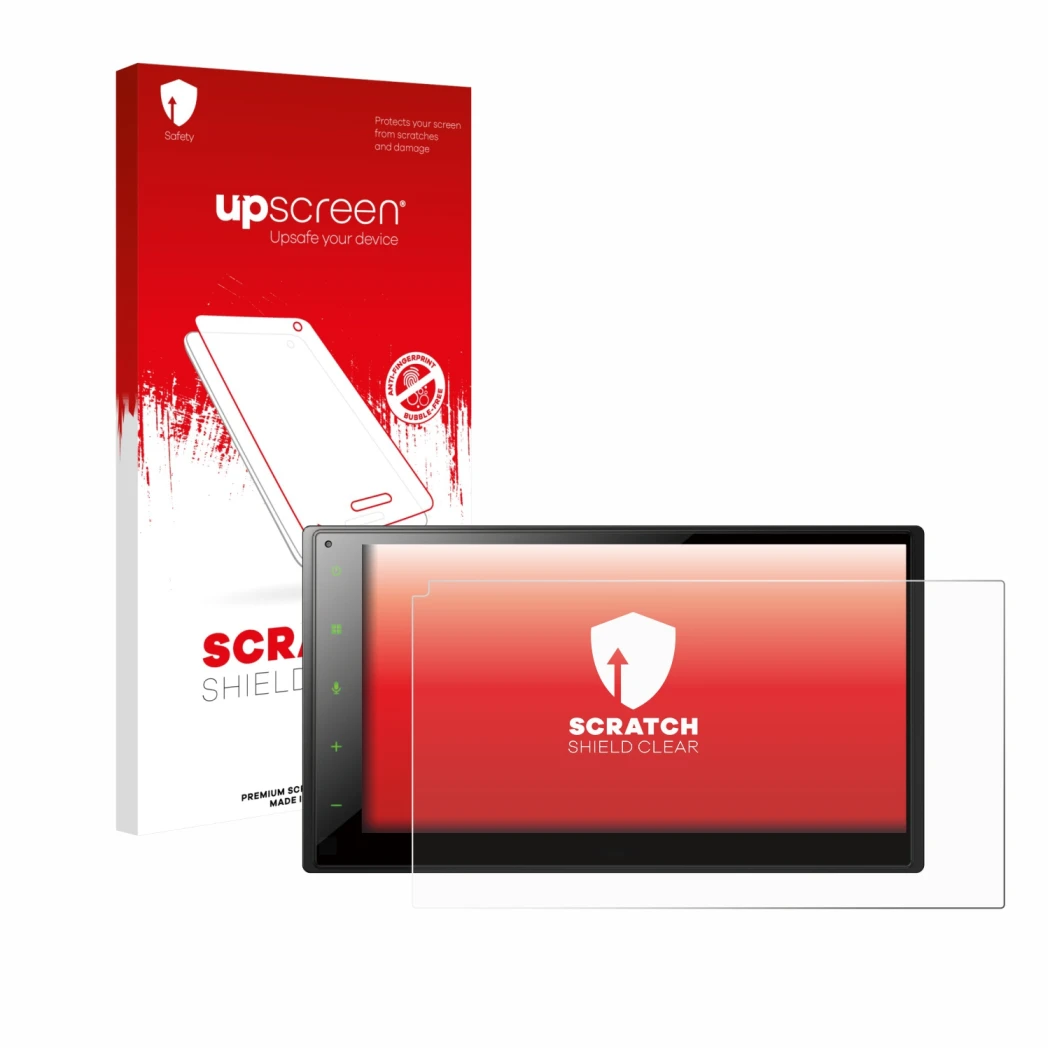 Parte frontal de un envase de producto con el logotipo de la marca upscreen. Al lado se muestra el dispositivo Pioneer SPH-DA1