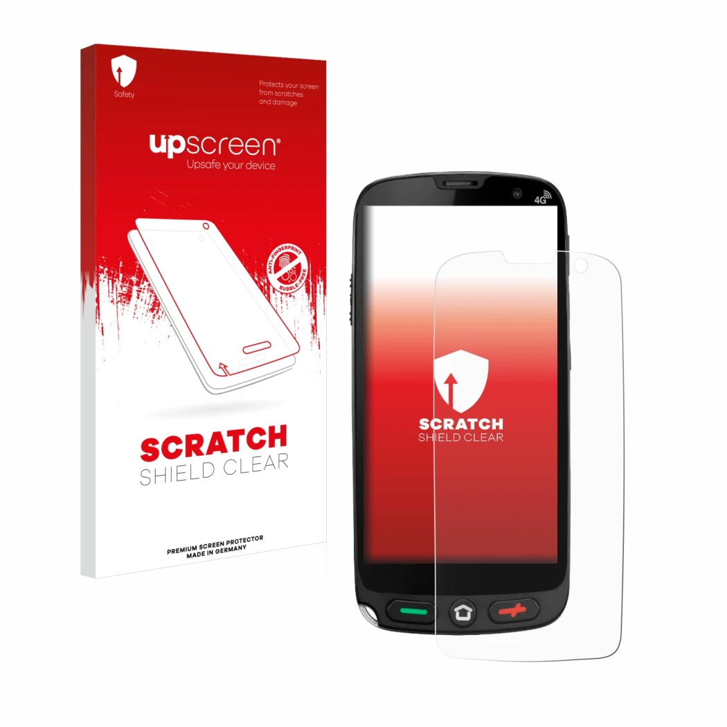 Parte frontal de un envase de producto con el logotipo de la marca upscreen. Al lado se muestra el dispositivo Brondi Amico XS