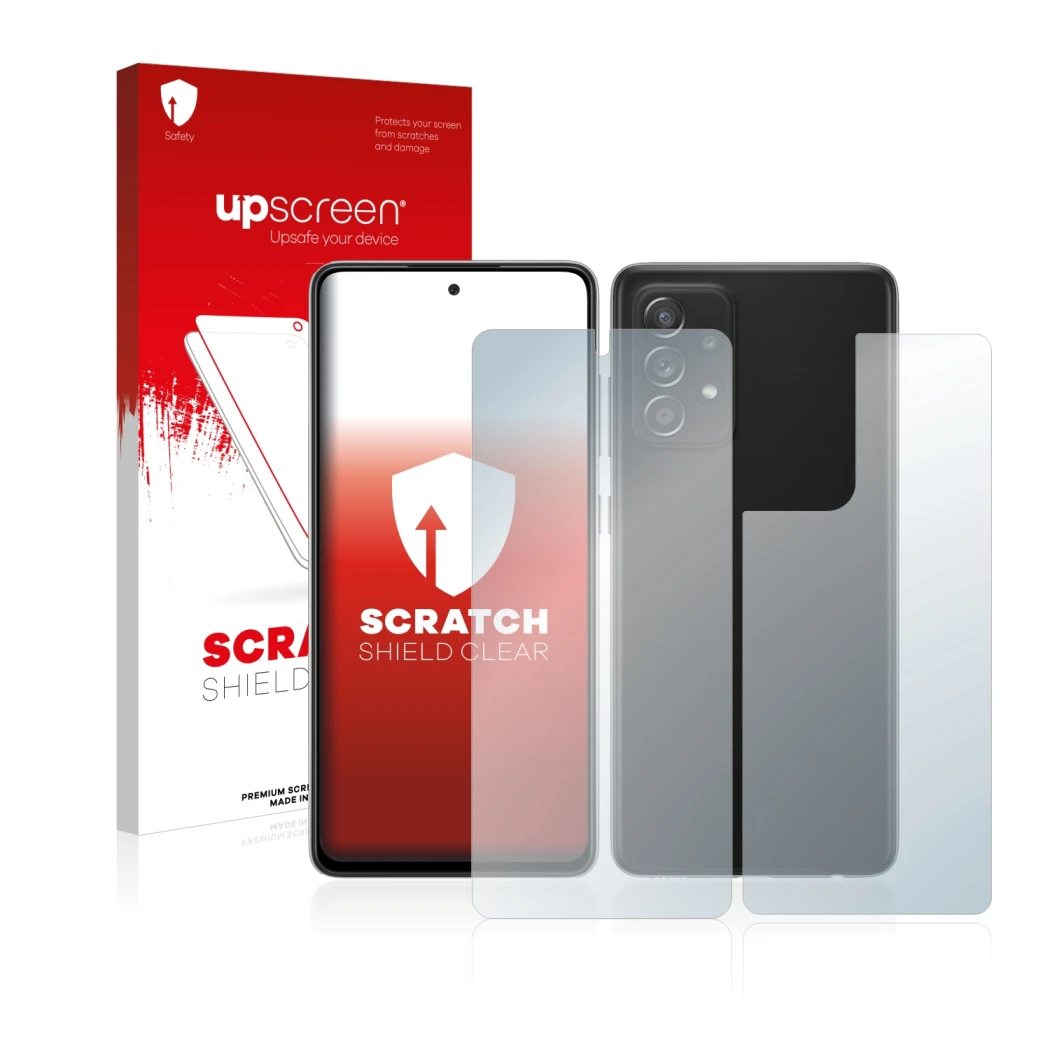 Parte frontal de un envase de producto con el logotipo de la marca upscreen. Al lado se muestra el dispositivo Samsung Galaxy 