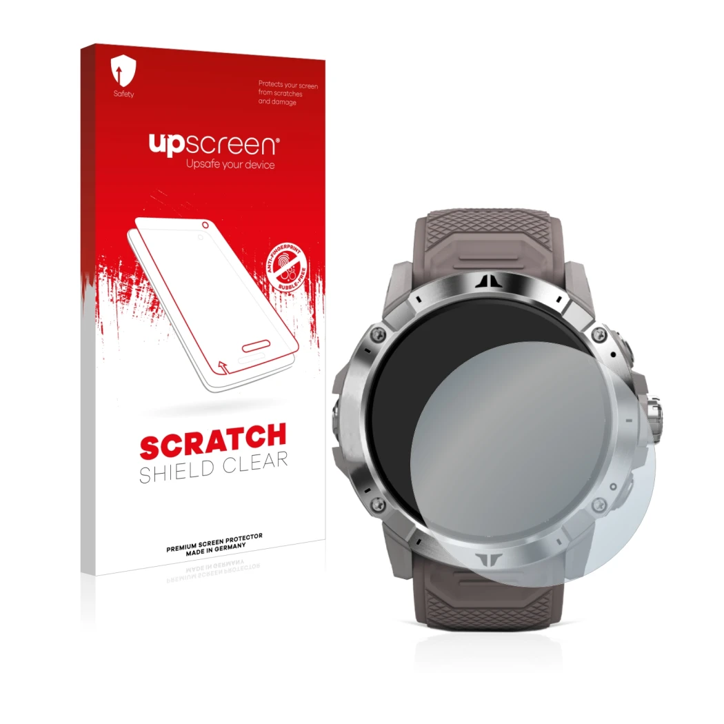 Parte frontal de un envase de producto con el logotipo de la marca upscreen. Al lado se muestra el dispositivo Coros Vertix 2