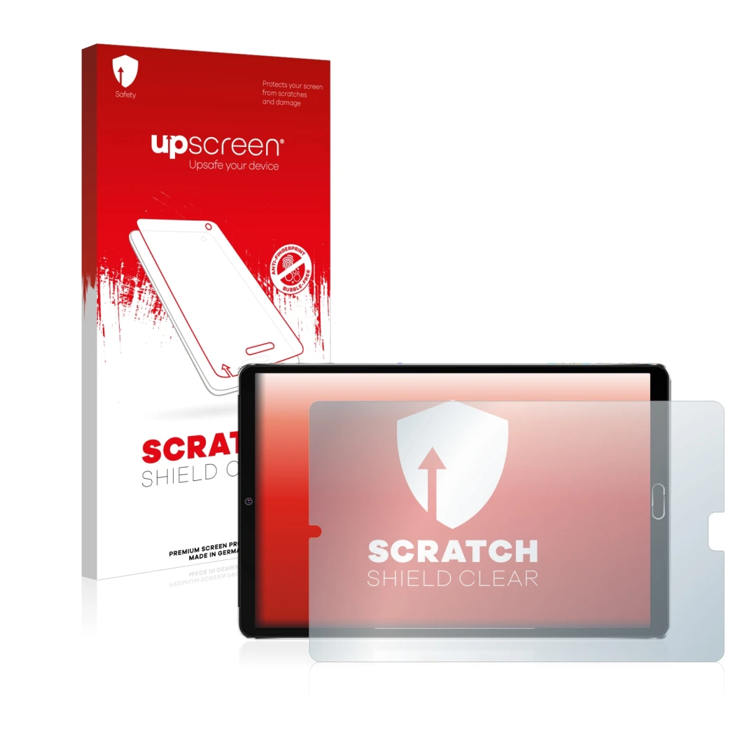 Parte frontal de un envase de producto con el logotipo de la marca upscreen. Al lado se muestra el dispositivo Goodtel G2 con