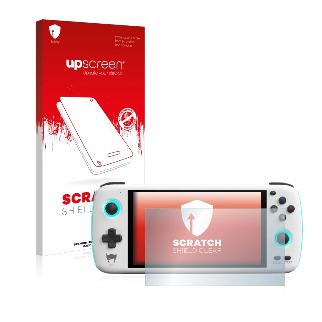 Parte frontal de un envase de producto con el logotipo de la marca upscreen. Al lado se muestra el dispositivo AYN Odin con su
