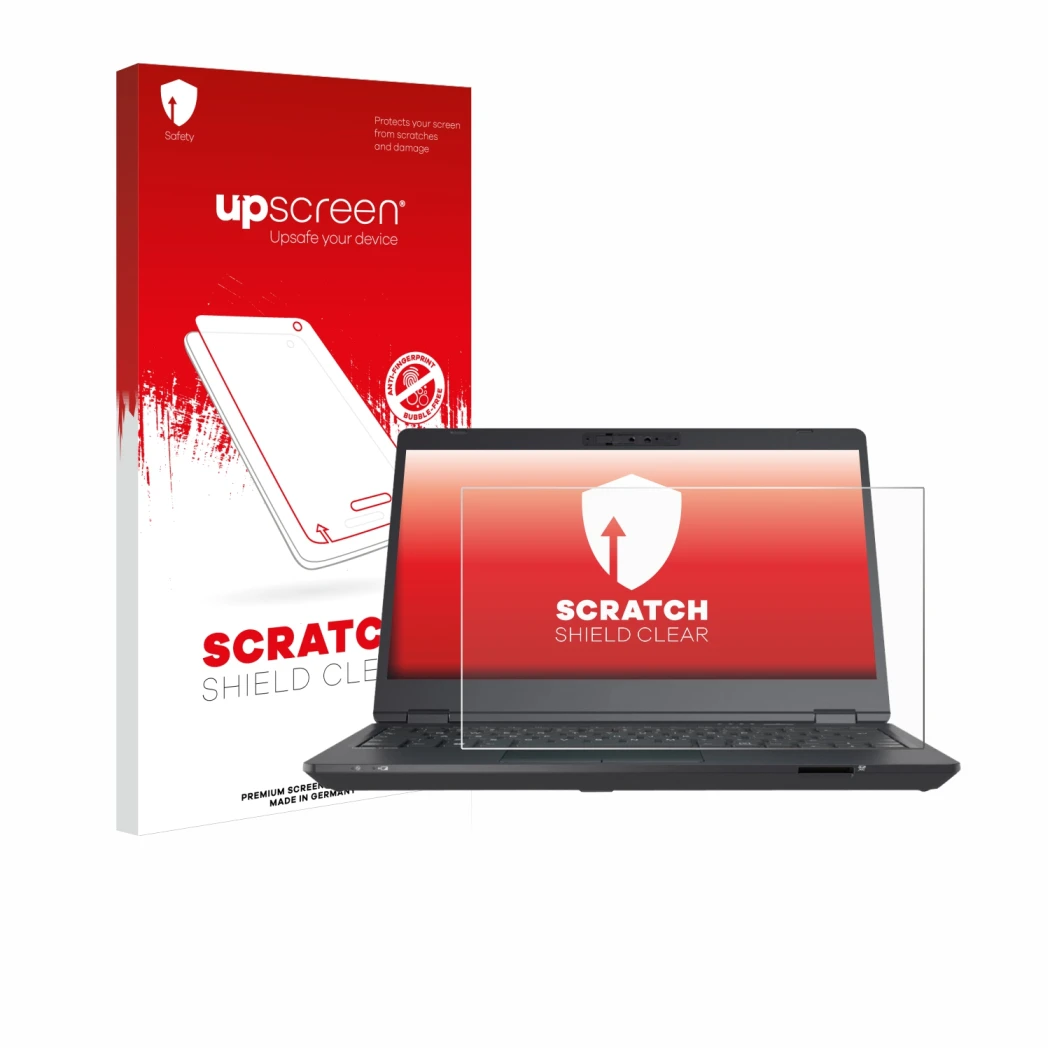 Parte frontal de un envase de producto con el logotipo de la marca upscreen. Al lado se muestra el dispositivo Fujitsu Lifeboo