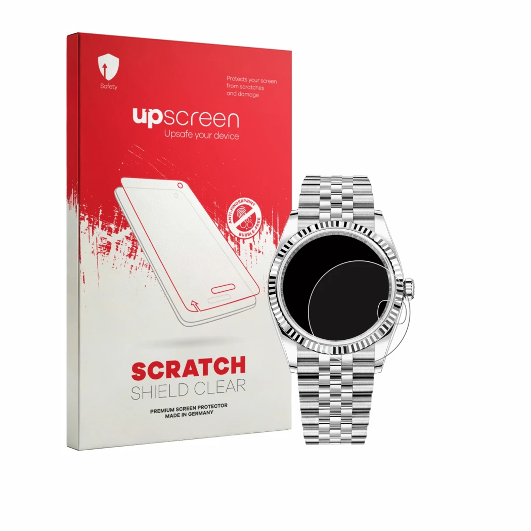 Parte frontal de un envase de producto con el logotipo de la marca upscreen. Al lado se muestra el dispositivo Rolex Datejust