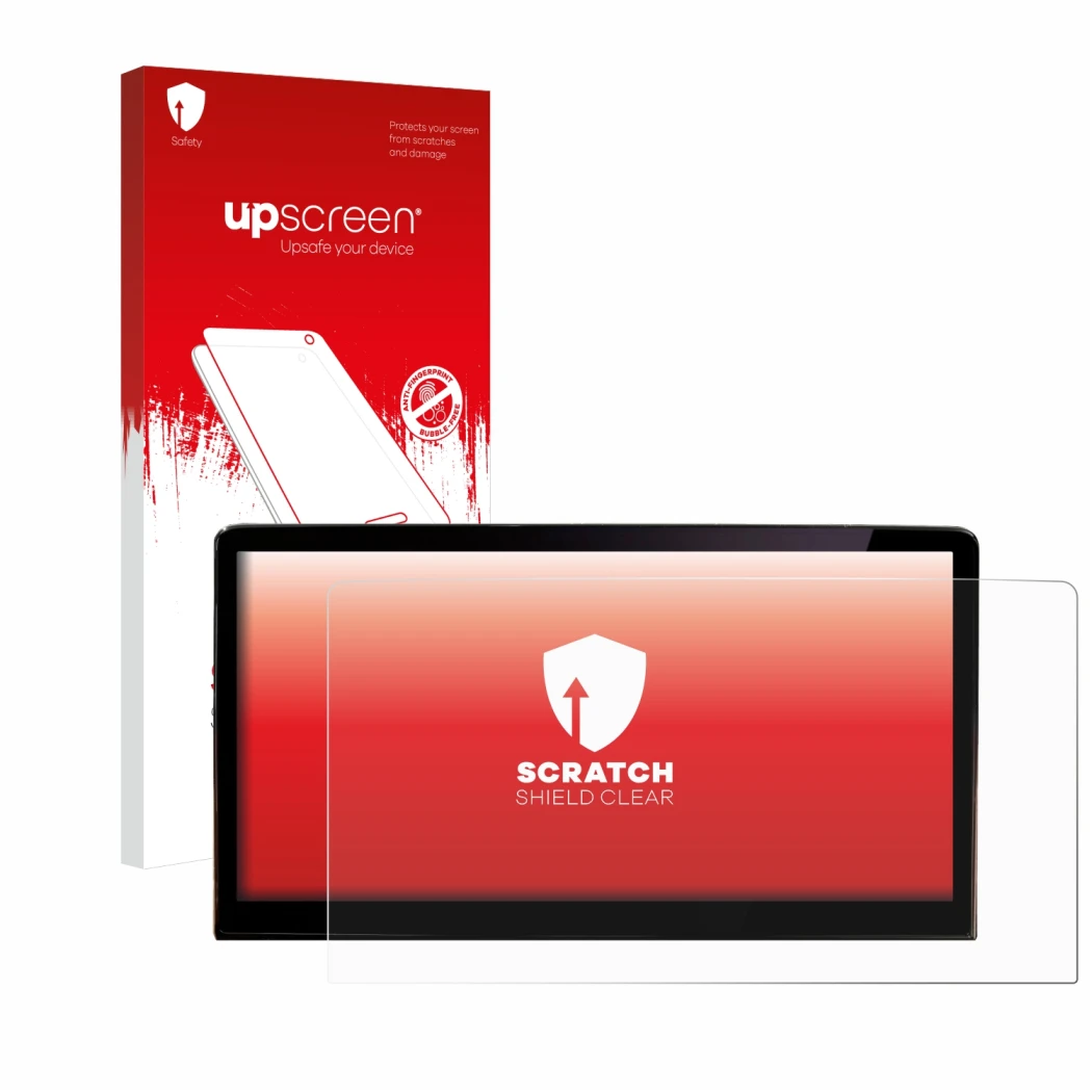 Parte frontal de un envase de producto con el logotipo de la marca upscreen. Al lado se muestra el dispositivo Skoda Enyaq iV