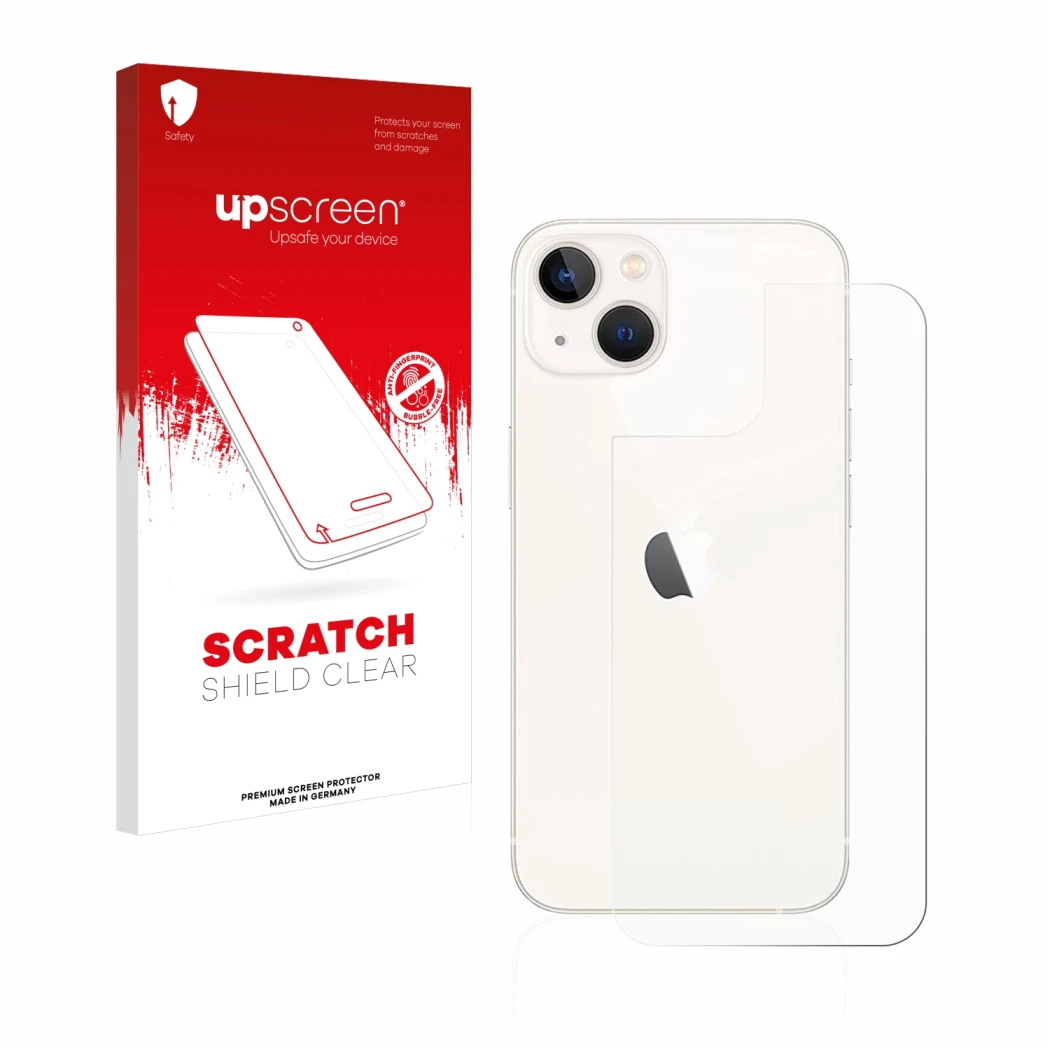 Parte frontal de un envase de producto con el logotipo de la marca upscreen. Al lado se muestra el dispositivo Apple iPhone 13