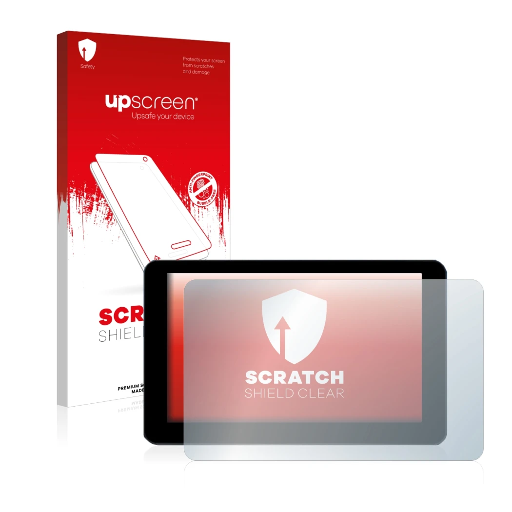 Parte frontal de un envase de producto con el logotipo de la marca upscreen. Al lado se muestra el dispositivo Zontes 310V Cru