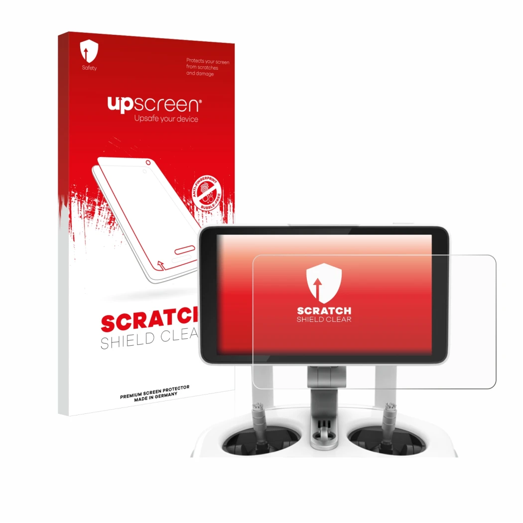 Parte frontal de un envase de producto con el logotipo de la marca upscreen. Al lado se muestra el dispositivo DJI Phantom 4 P
