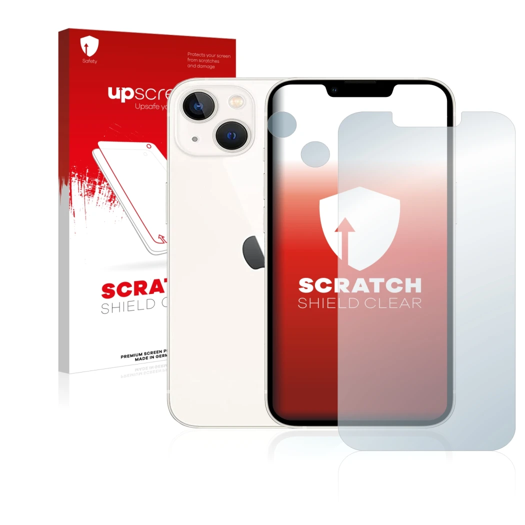 Parte frontal de un envase de producto con el logotipo de la marca upscreen. Al lado se muestra el dispositivo Apple iPhone 13