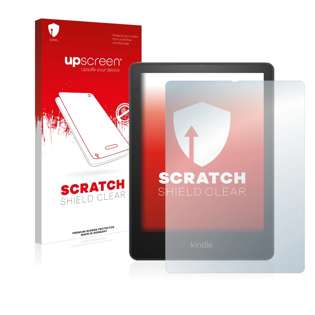 Parte frontal de un envase de producto con el logotipo de la marca upscreen. Al lado se muestra el dispositivo Amazon Kindle P