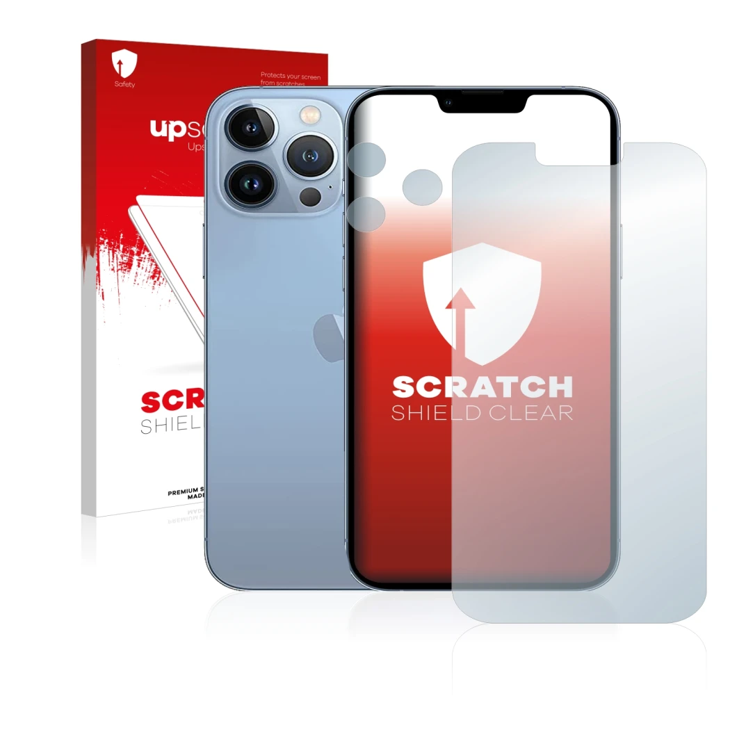 Parte frontal de un envase de producto con el logotipo de la marca upscreen. Al lado se muestra el dispositivo Apple iPhone 13