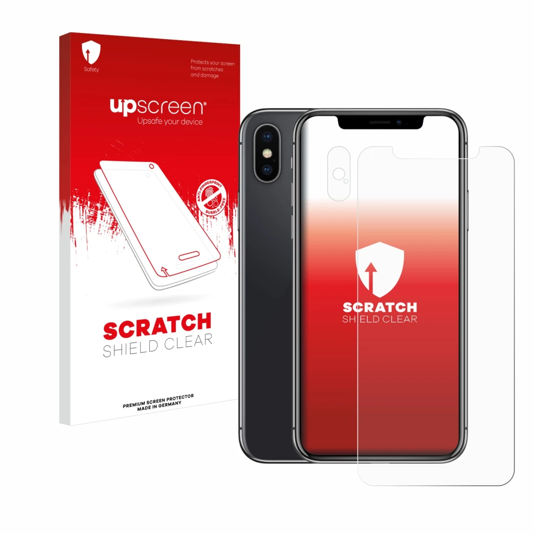 Parte frontal de un envase de producto con el logotipo de la marca upscreen. Al lado se muestra el dispositivo Apple iPhone X 