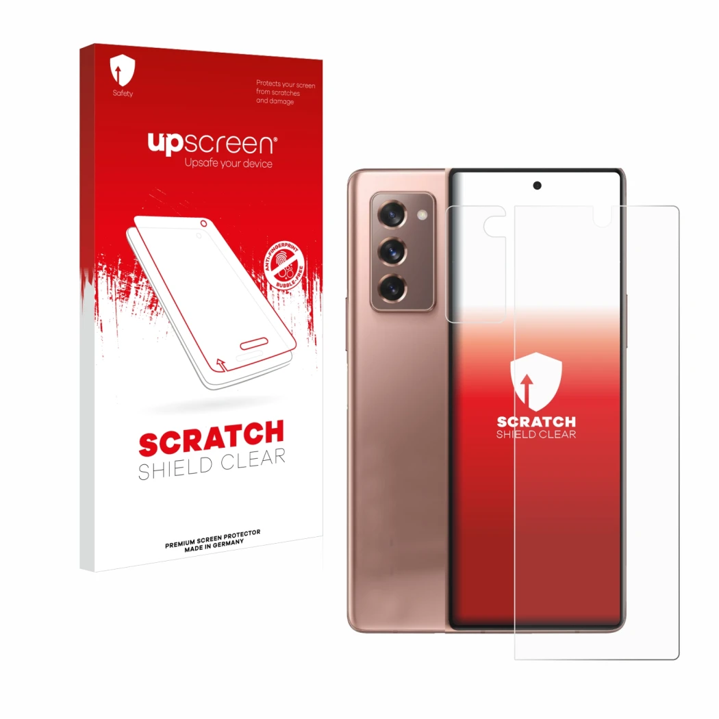 Parte frontal de un envase de producto con el logotipo de la marca upscreen. Al lado se muestra el dispositivo Samsung Galaxy 