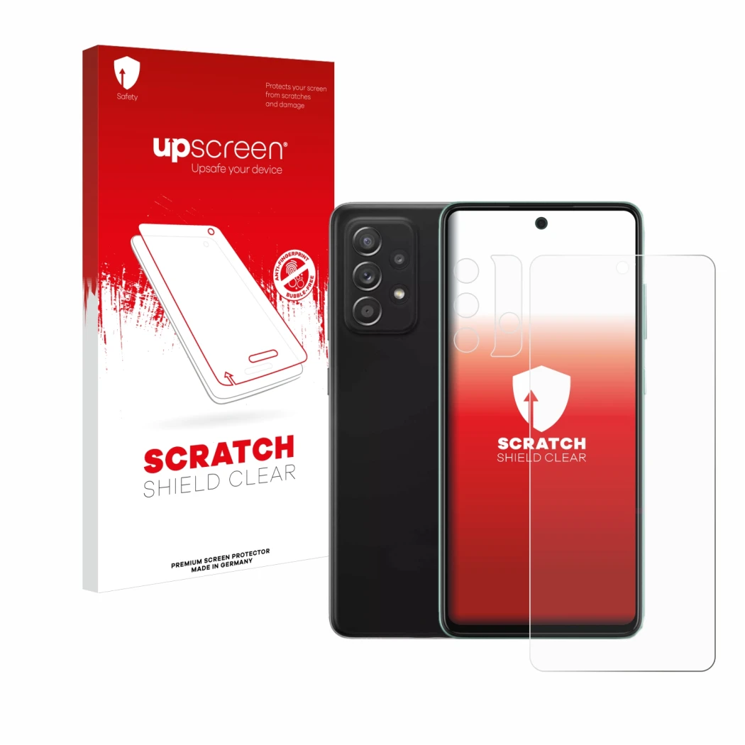 Parte frontal de un envase de producto con el logotipo de la marca upscreen. Al lado se muestra el dispositivo Samsung Galaxy 