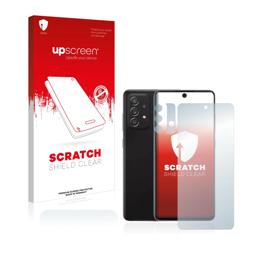Parte frontal de un envase de producto con el logotipo de la marca upscreen. Al lado se muestra el dispositivo Samsung Galaxy 