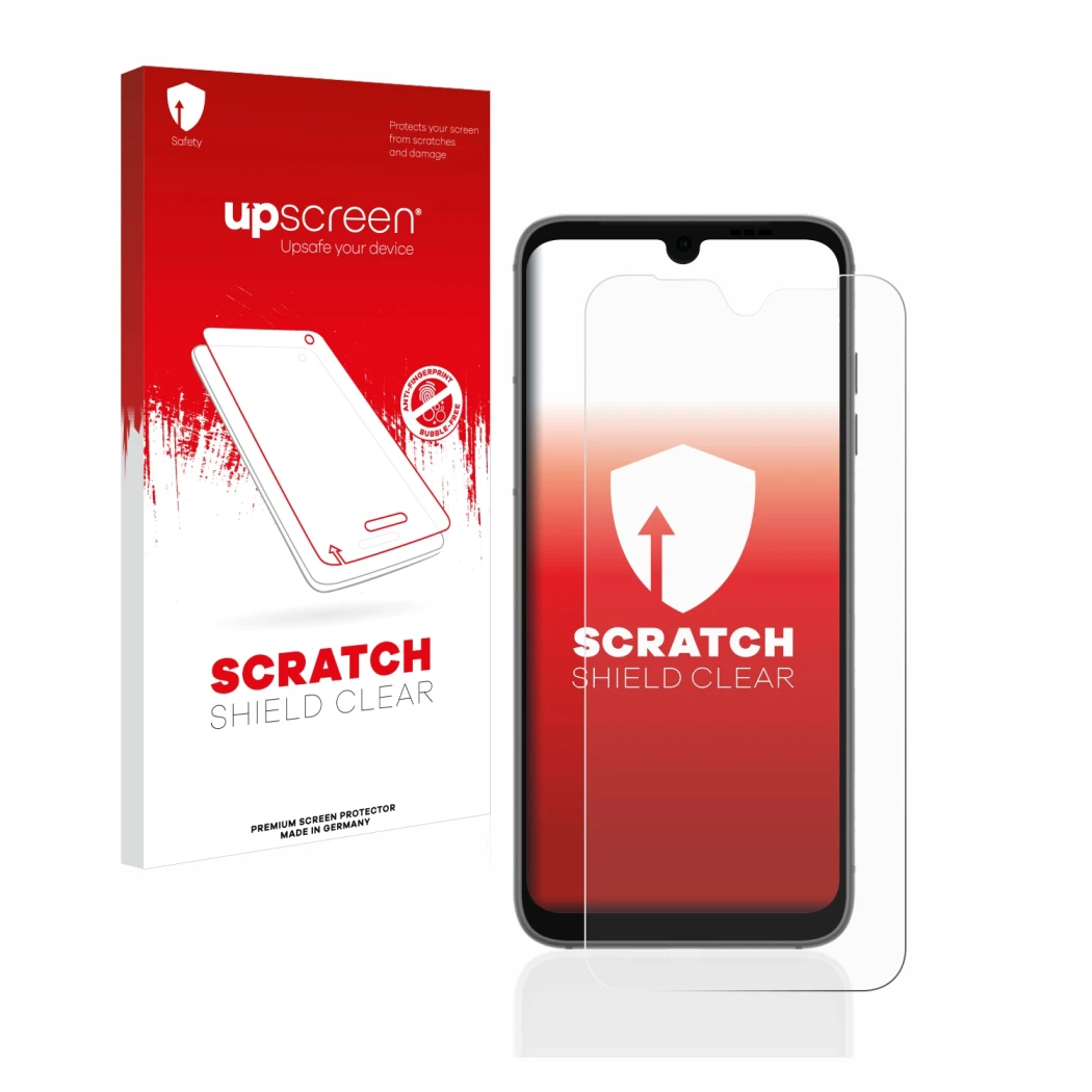 Parte frontal de un envase de producto con el logotipo de la marca upscreen. Al lado se muestra el dispositivo Fairphone 4 con