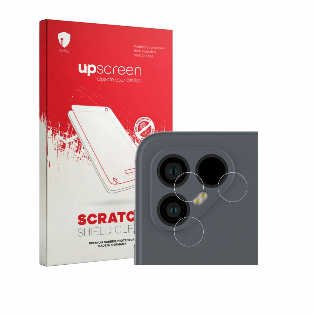 Parte frontal de un envase de producto con el logotipo de la marca upscreen. Al lado se muestra el dispositivo Fairphone 4 (SÓ