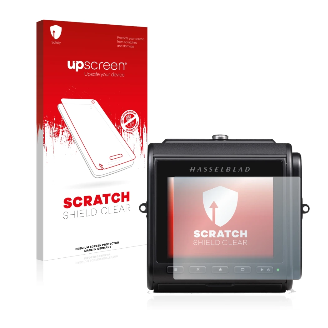 Parte frontal de un envase de producto con el logotipo de la marca upscreen. Al lado se muestra el dispositivo Hasselblad 907X