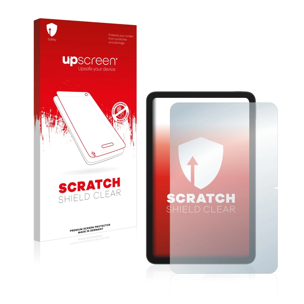 Parte frontal de un envase de producto con el logotipo de la marca upscreen. Al lado se muestra el dispositivo Nokia T20 con s