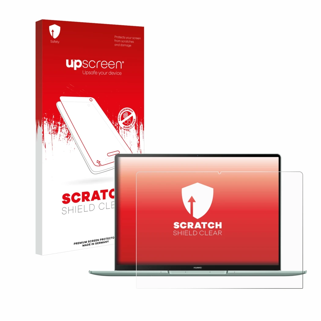 Parte frontal de un envase de producto con el logotipo de la marca upscreen. Al lado se muestra el dispositivo Huawei MateBook