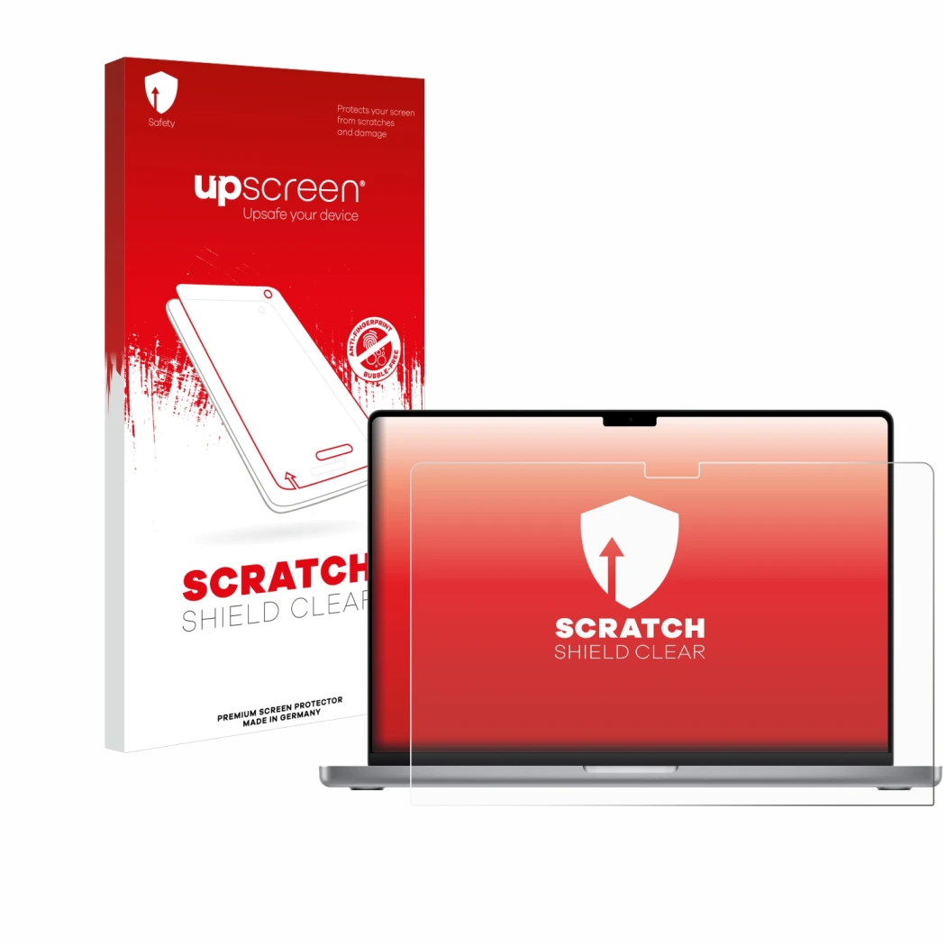 Parte frontal de un envase de producto con el logotipo de la marca upscreen. Al lado se muestra el dispositivo Apple MacBook P