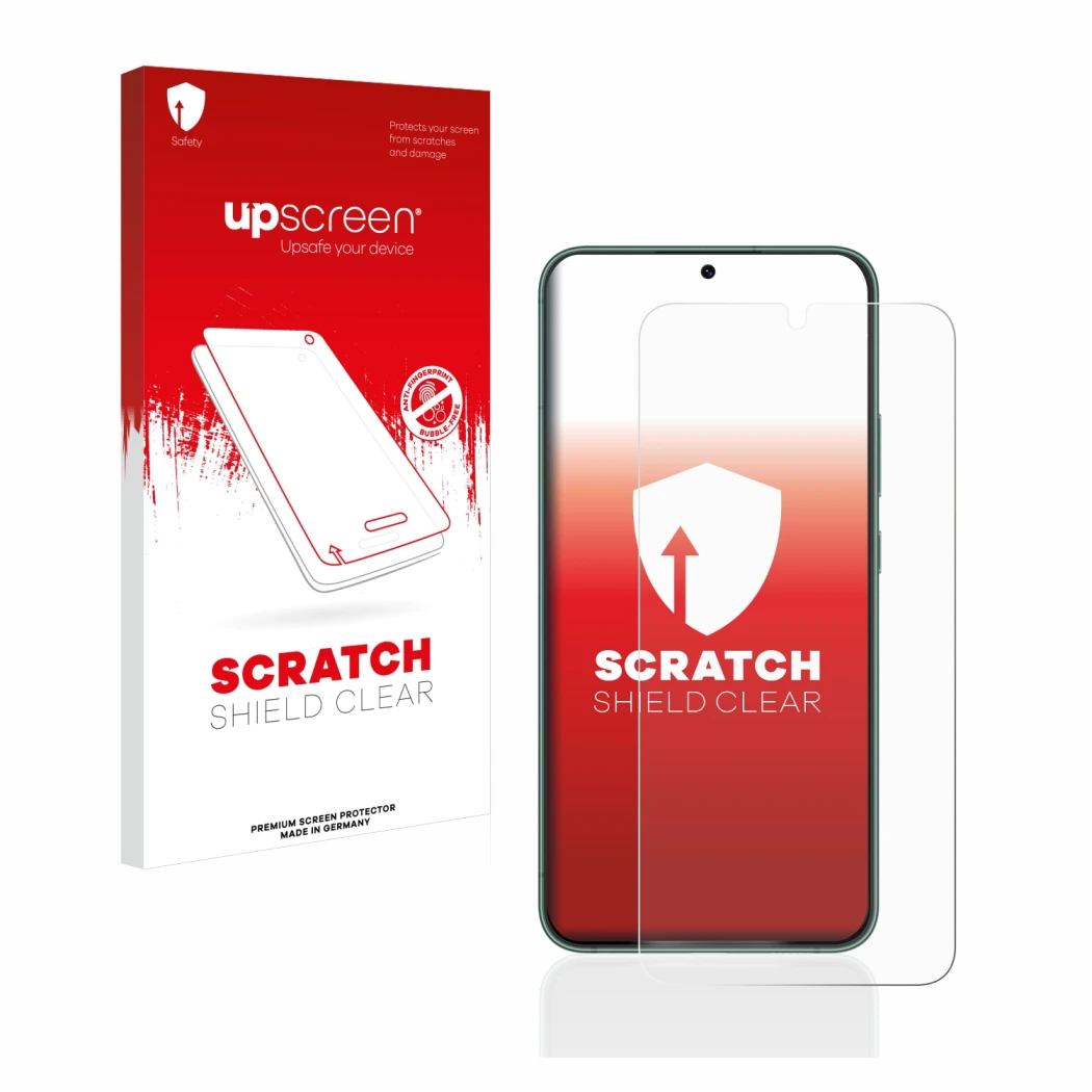 Parte frontal de un envase de producto con el logotipo de la marca upscreen. Al lado se muestra el dispositivo Samsung Galaxy