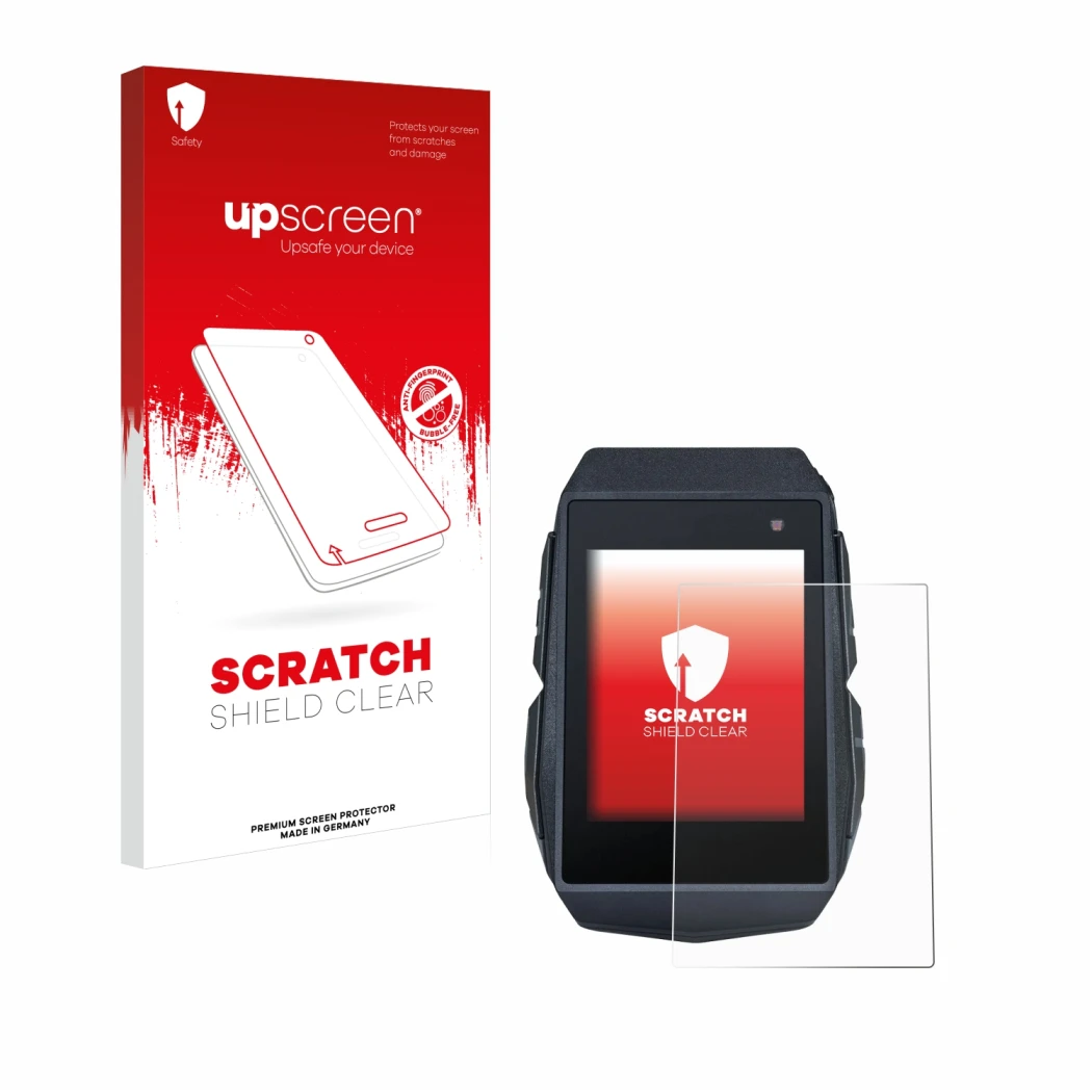 Parte frontal de un envase de producto con el logotipo de la marca upscreen. Al lado se muestra el dispositivo Sigma ROX 11.1