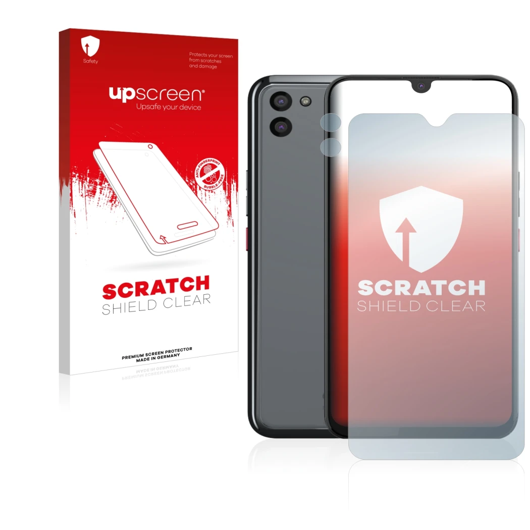 Parte frontal de un envase de producto con el logotipo de la marca upscreen. Al lado se muestra el dispositivo Gigaset GS5 (Fr
