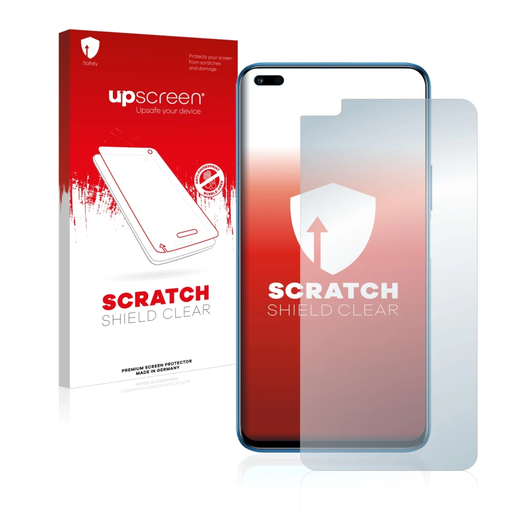 Parte frontal de un envase de producto con el logotipo de la marca upscreen. Al lado se muestra el dispositivo Honor 50 Lite c