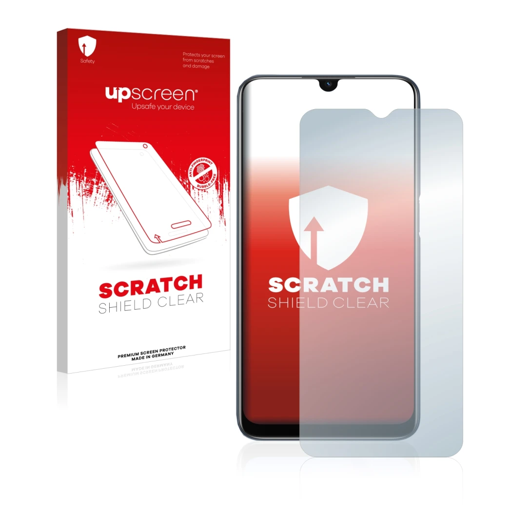 Parte frontal de un envase de producto con el logotipo de la marca upscreen. Al lado se muestra el dispositivo Oppo A54s con s