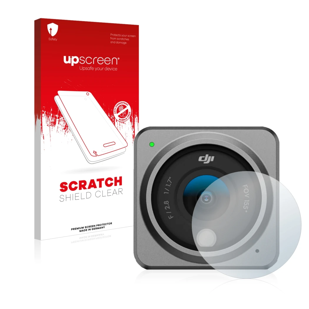 Parte frontal de un envase de producto con el logotipo de la marca upscreen. Al lado se muestra el dispositivo DJI Action 2 Le