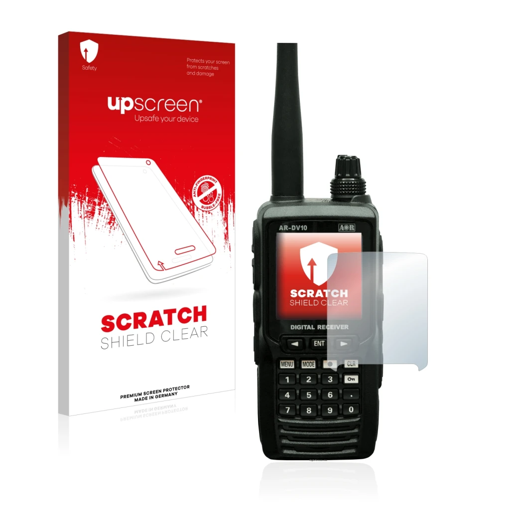 Parte frontal de un envase de producto con el logotipo de la marca upscreen. Al lado se muestra el dispositivo Aor AR-DV10 con