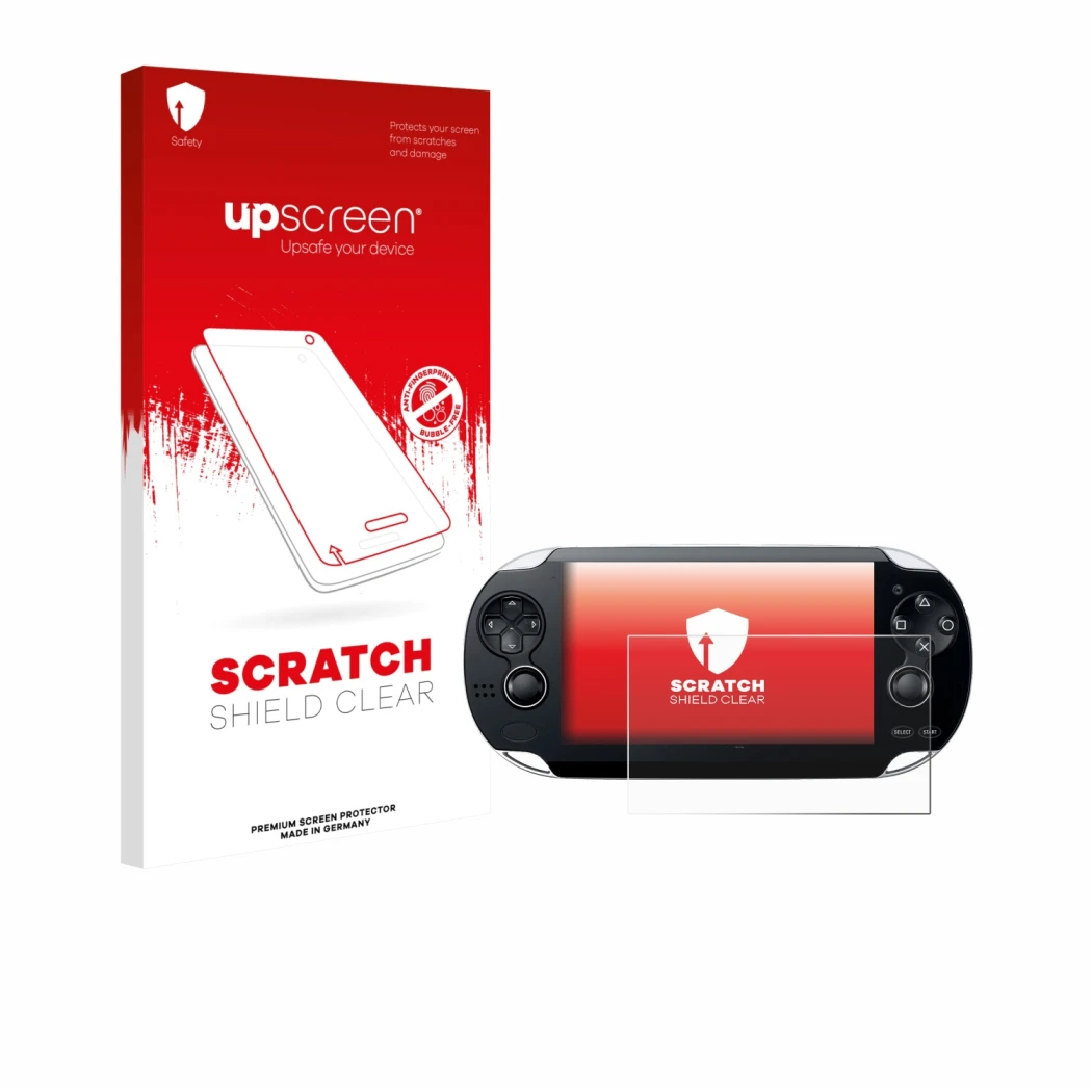 Parte frontal de un envase de producto con el logotipo de la marca upscreen. Al lado se muestra el dispositivo Sony Playstatio
