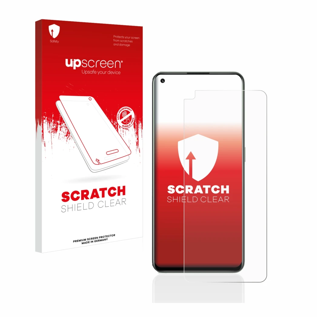 Parte frontal de un envase de producto con el logotipo de la marca upscreen. Al lado se muestra el dispositivo realme GT 2 Pro
