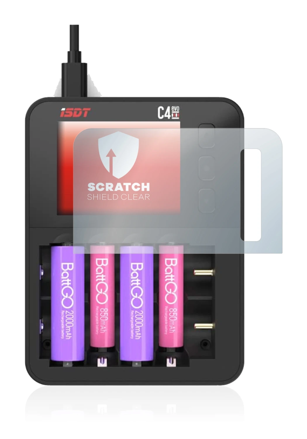 Imagen del dispositivo ISDT C4 Evo con una amplia variedad de protectores de pantalla.