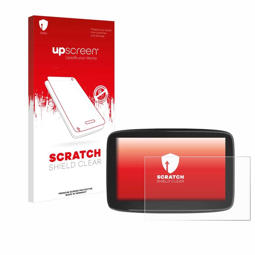Parte frontal de un envase de producto con el logotipo de la marca upscreen. Al lado se muestra el dispositivo TomTom GO Class