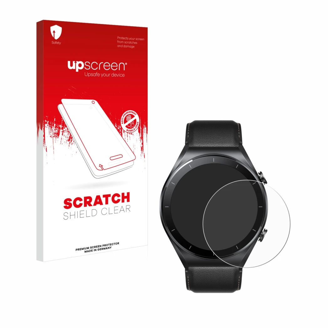 Parte frontal de un envase de producto con el logotipo de la marca upscreen. Al lado se muestra el dispositivo Xiaomi Watch S1