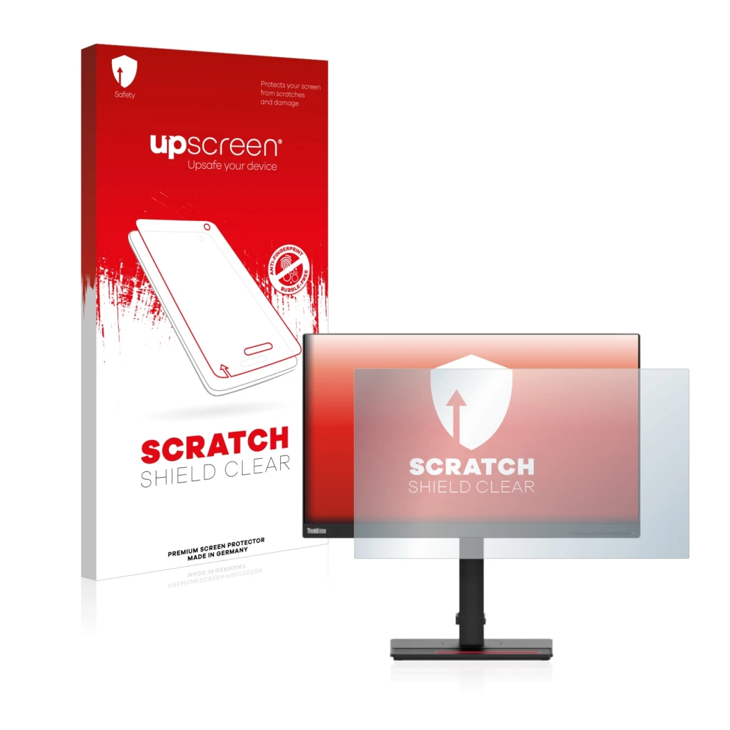 Parte frontal de un envase de producto con el logotipo de la marca upscreen. Al lado se muestra el dispositivo Lenovo ThinkVis