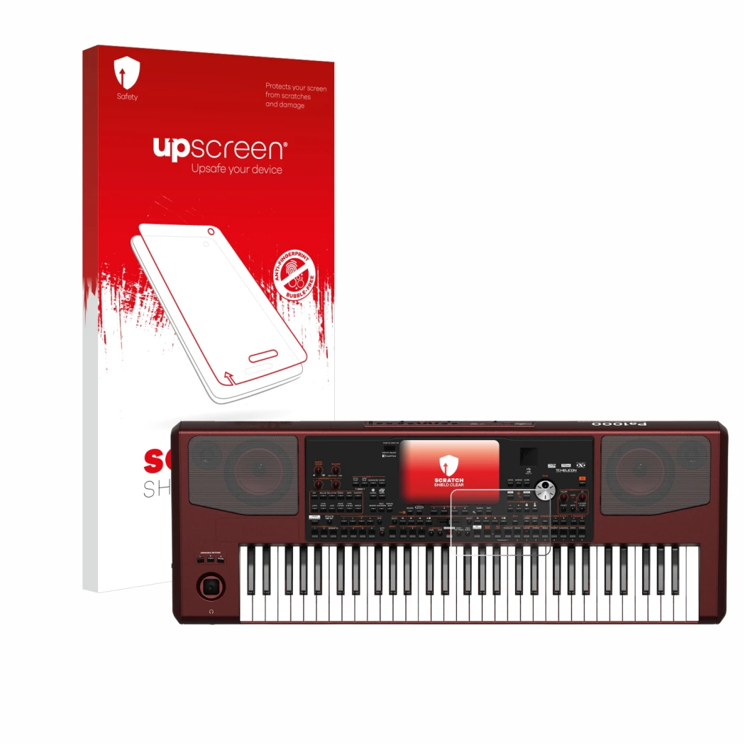 Parte frontal de un envase de producto con el logotipo de la marca upscreen. Al lado se muestra el dispositivo KORG Pa1000 con
