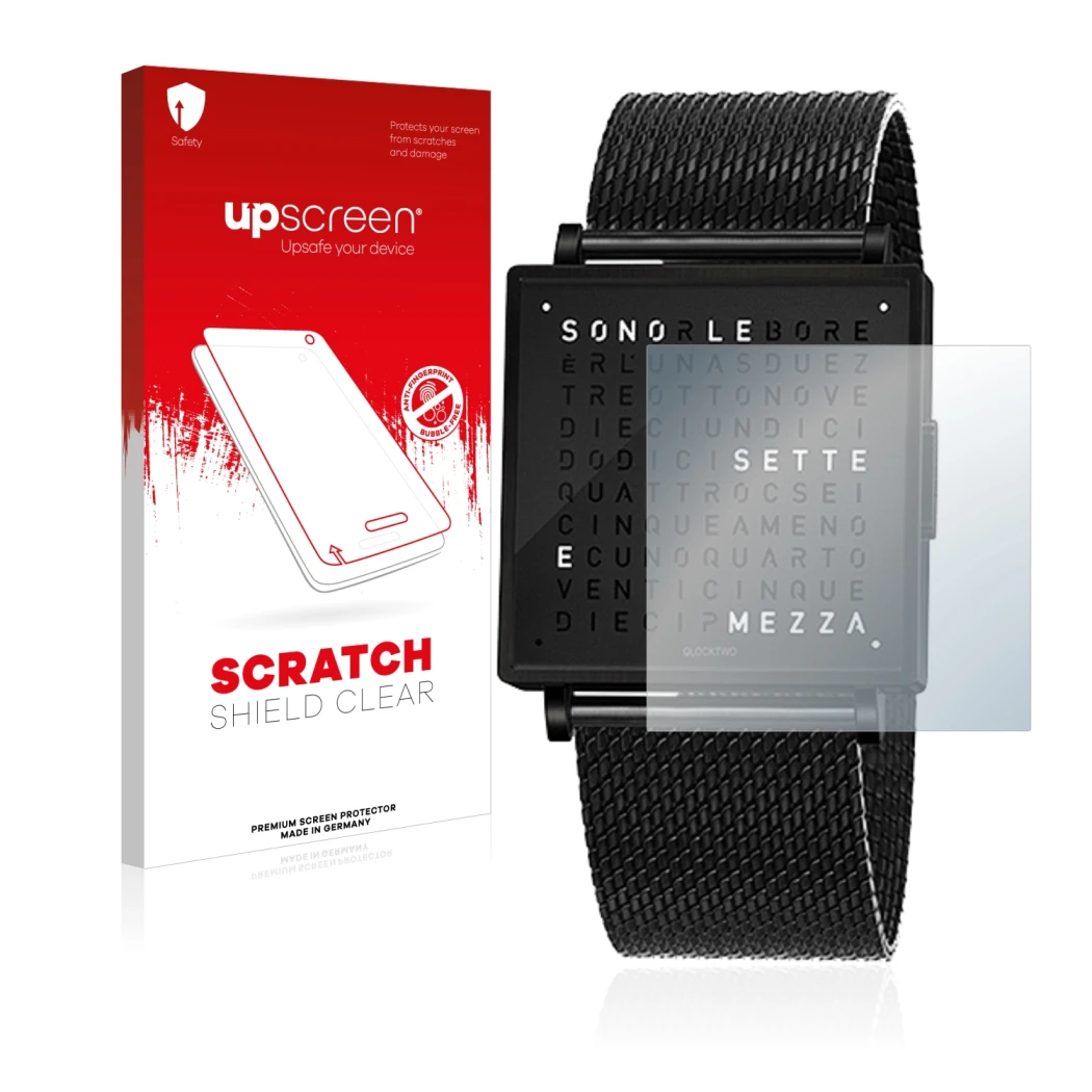 Parte frontal de un envase de producto con el logotipo de la marca upscreen. Al lado se muestra el dispositivo Qlocktwo W35 co