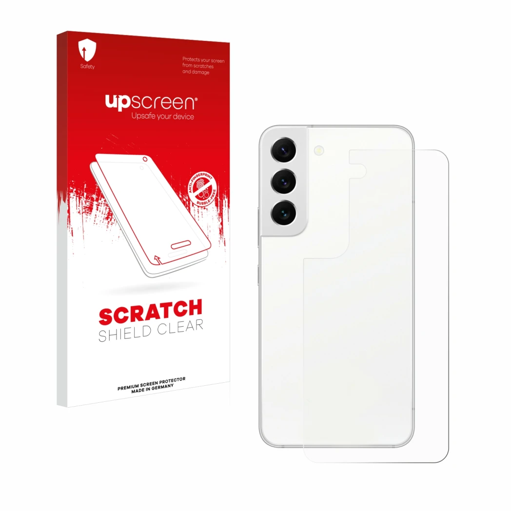 Parte frontal de un envase de producto con el logotipo de la marca upscreen. Al lado se muestra el dispositivo Samsung Galaxy 