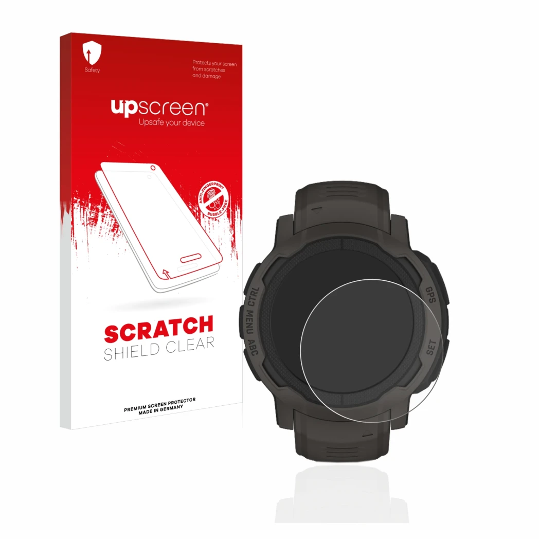 Parte frontal de un envase de producto con el logotipo de la marca upscreen. Al lado se muestra el dispositivo Garmin Instinct