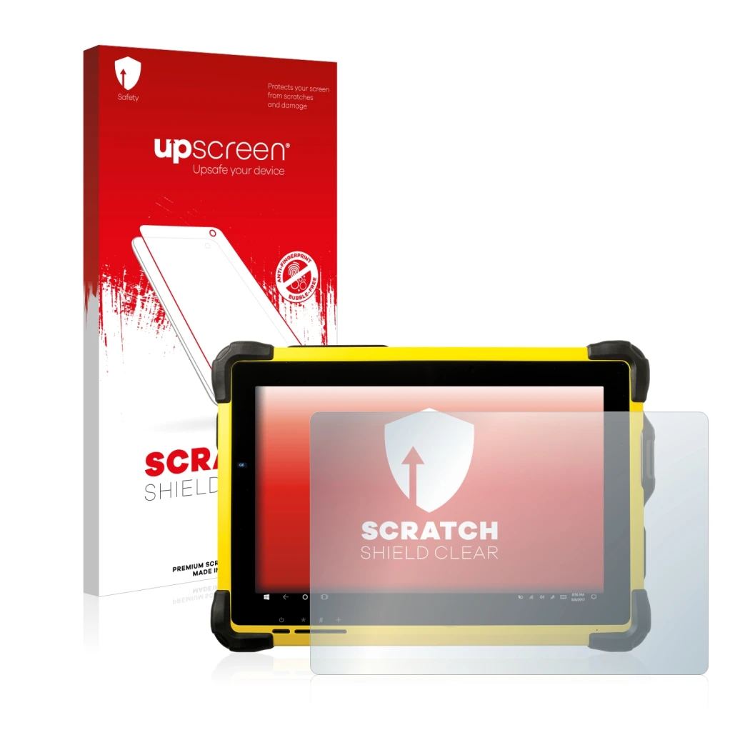 Parte frontal de un envase de producto con el logotipo de la marca upscreen. Al lado se muestra el dispositivo Trimble T10 con