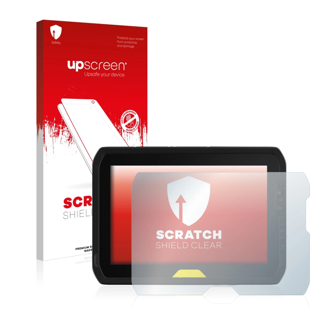 Parte frontal de un envase de producto con el logotipo de la marca upscreen. Al lado se muestra el dispositivo Trimble T100 co