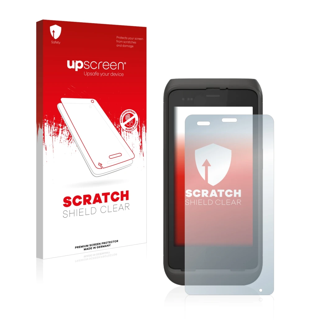 Parte frontal de un envase de producto con el logotipo de la marca upscreen. Al lado se muestra el dispositivo Honeywell CT45